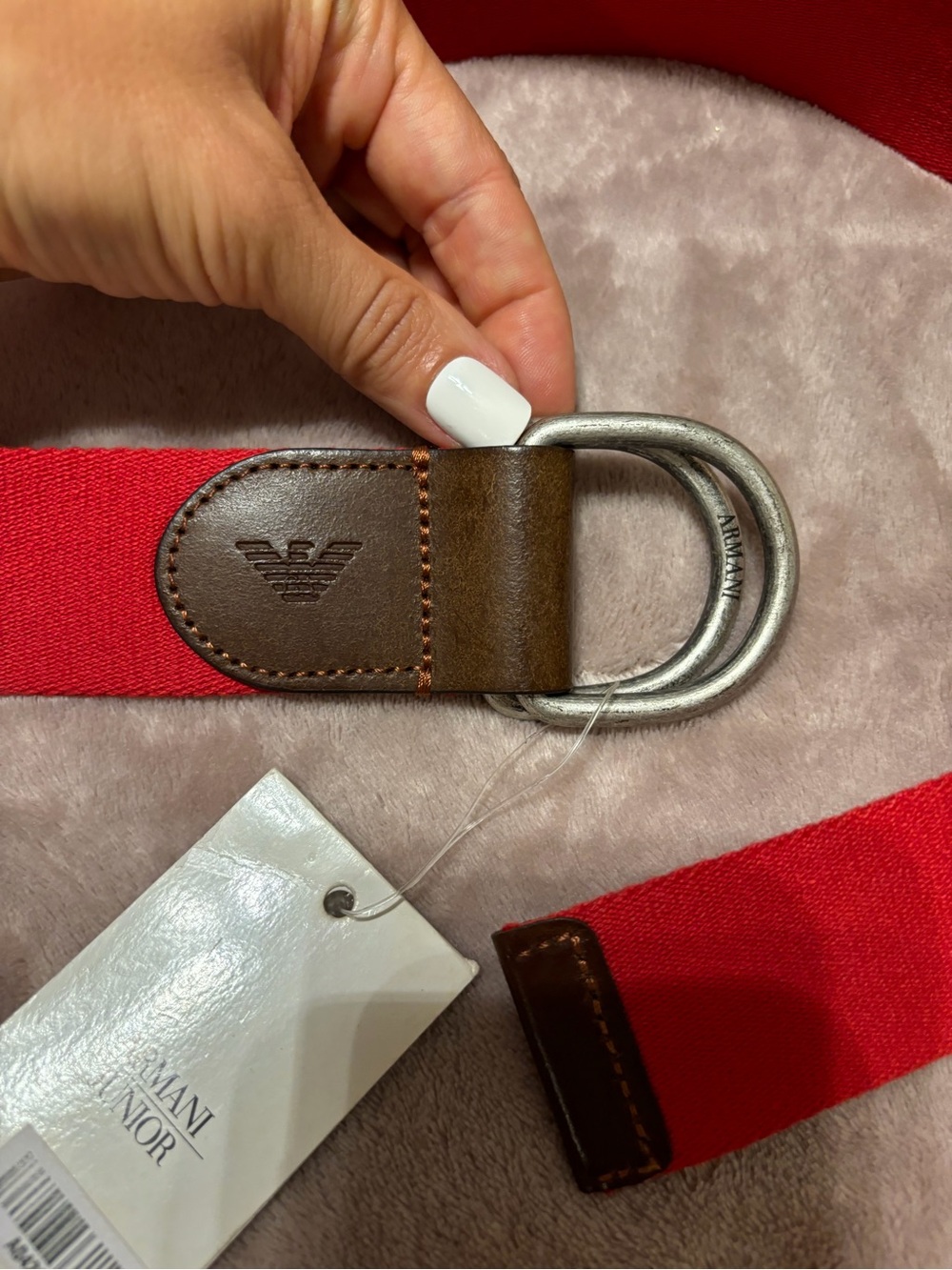 Armani Junior Red Webbing Belt with Brown Leather and Silver Rings 71 cm